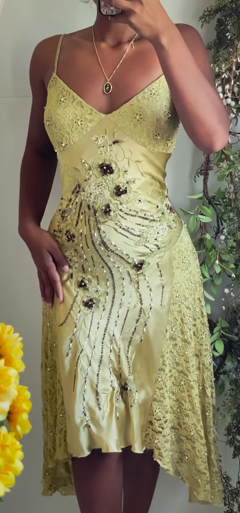 Y2K Yellow Spaghetti Straps Sheath Satin Lace Short Prom Dresses Formal Evening Gowns with Beading