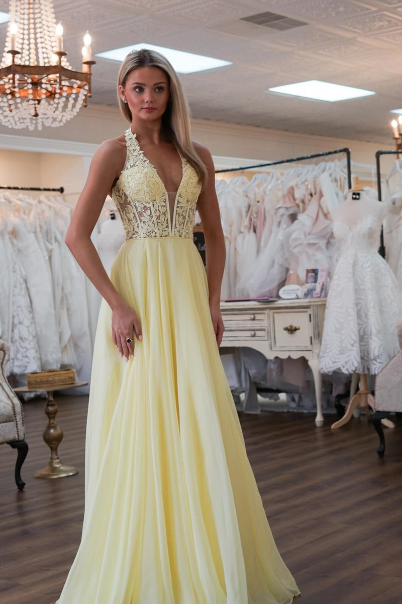 Yellow Halter Lace Applique Illusion Prom Dress