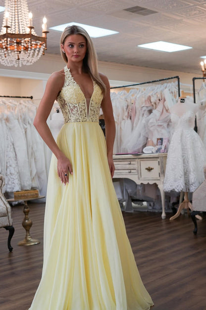 Yellow Halter Lace Applique Illusion Prom Dress