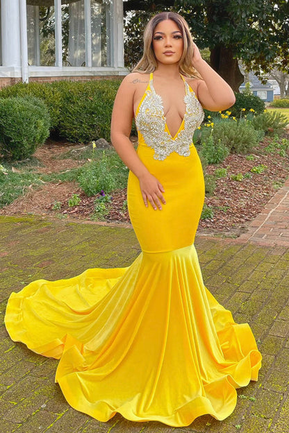 Yellow Halter V-Neck Mermaid Prom Dress with Appliques