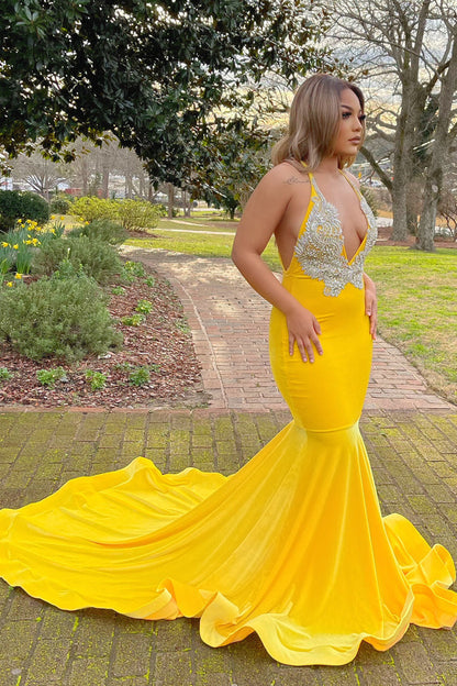 Yellow Halter V-Neck Mermaid Prom Dress with Appliques