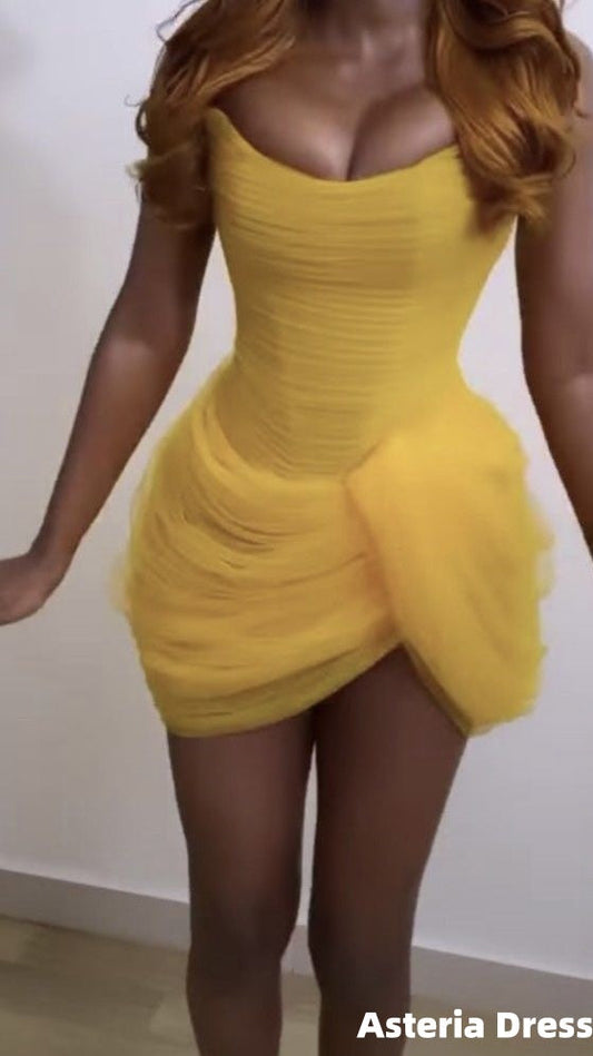 Yellow Strapless Pleated Homecoming Dresses Mini Birthday Dress