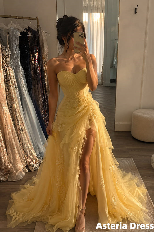 Yellow Sweetheart Tulle Appliques Senior Prom Dresses With High Slit
